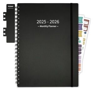 Black Monthly Planner Book with Tabs & Pocket 2025-2026 Academic Planner